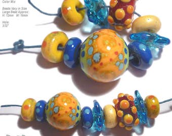COLLECTION FIESTA  Lampwork Bead Set HandmadeYellow Orange Red BLue Natural Color Mix in Organic Design C17