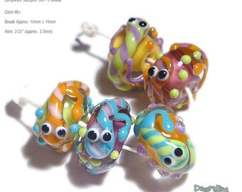 CRAZY LIZARDS Lampwork Beads Handmade Green Blue Pink Purple Orange -  Set of 5