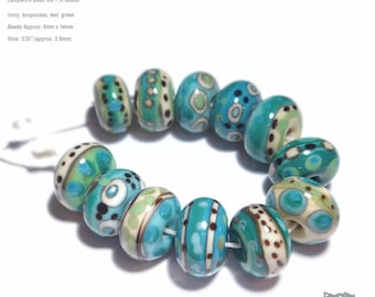 TEMPEST TUMBLERS  Handmade Lampwork Bead Set in Turquoise Teal Green Ivory Black Mix  Set of 12