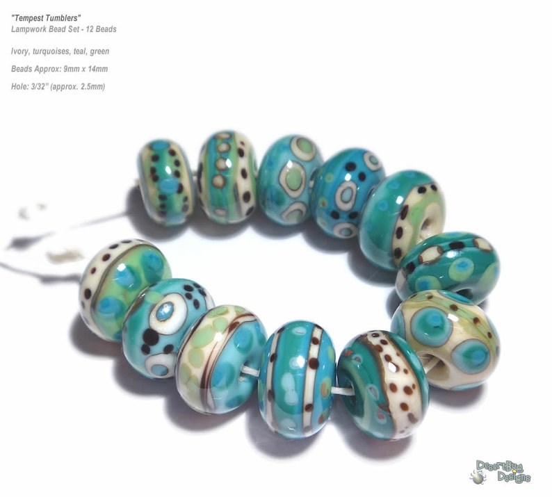 TEMPEST TUMBLERS Handmade Lampwork Bead Set in Turquoise TEal Green Ivory Black Mix Set of 12