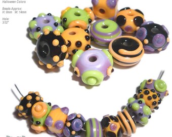 HALLOWEEN MIXERS Lampwork Beads Handmade - Halloween Colors Black Green Purple Orange  - Great Accents  Set of 10