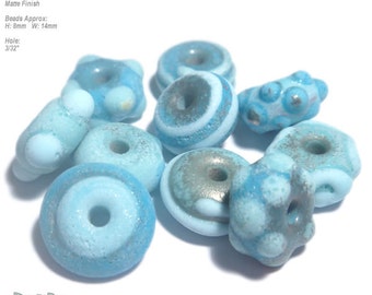 BEACH MIXERS Lampwork Beads Handmade - Soda Finish Rustic Beach Matte Turquoise Blues - Set of 10