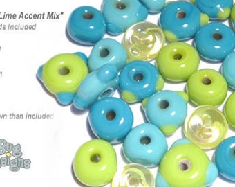 ACCENT Handmade Lampwork Beads 15 Spacers Turquoise and Lime by Desert Bug Designs