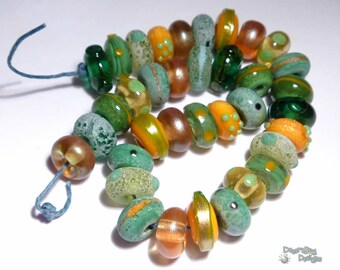EMERGENCE  Lampwork Beads Handmade Colorful Gold Greens Matte Orange Topaz Set of 36