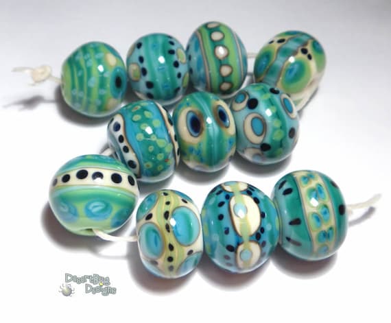 TEMPEST Lampwork Beads HandmadeIvory Teal Turquoise Green Black Cool Big Bold Free Flow Set of 11