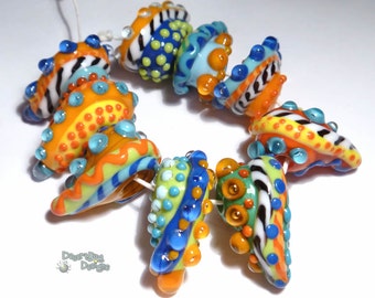 COLOR PODZ Lampwork Beads Handmade Big Funky Pendant Type beads in Bright Bold Colors Red Yellow Blue Green Set of 9