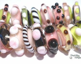 FLIRT MiniSPINS Handmade Lampwork Beads - Pink Green White Black - Organic & Pretty