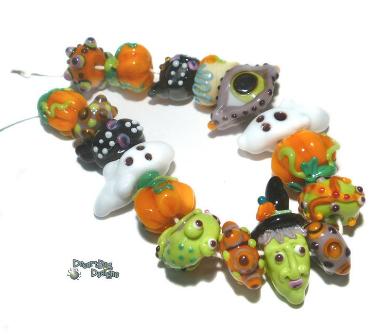 WITCHES BREW Handmade Lampwork Beads Halloween Spooks Shapes Whimsical Set of 17