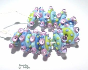 COOL WHEELS Handmade Lampwork Beads - Turquoise Blue Purple Lime Green Periwinkle Aqua - Set of 11