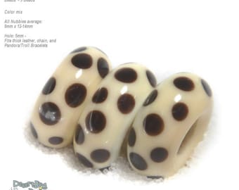NUBBIES  81 Lampwork Bead Handmade BIG HOLE Ivory Black Polka Dot  Beads  -- fits 5mm leather and  Euro-Style