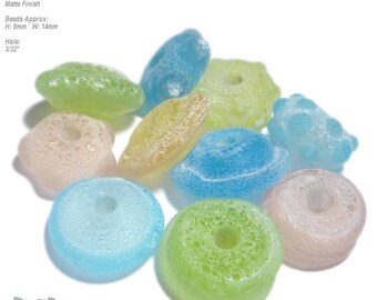 BEACHSIDE MIXERS Lampwork Beads Handmade - Pretty Colors Pink Lime Green Blue Seaglass Beach Glass Matte Look  - Great Accents  Set of 10