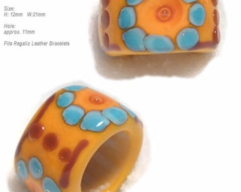 SLIDER 492  Lampwork Bead Handmade Large Big Holed Slider Yellow Turquoise Red   -- fits Regaliz