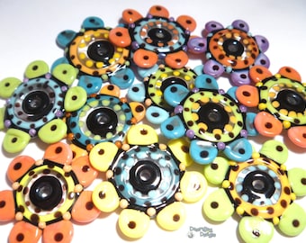 JAZZ TOPPERS  Lampwork Beads Handmade Big Bold Disc Beads in Black Yellow Melon Coral Blue Green Purple   Set of 11