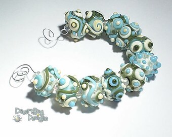 TAO Lampwork Beads Handmade - Olive Ivory Turquoise - Serene Bold and Textured  Set of 11
