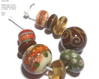 COLLECTION FALL Lampwork Bead Set Handmade - Ivory Sienna Red Olive - Bold and Natural -  Organic Design C101