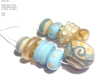 COLLECTION SEASIDE Lampwork Bead Set Handmade Natural Ivory Blue Mix in Organic Design C53