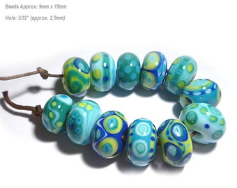 WAVERIDERS Lampwork Beads Handmade Blue Green TEal Lime Cobalt Aqua Ocean colors Set of 12