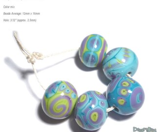 ALIEN BOBS Handmade Lampwork Beads Turquoise Blue Purple Lime Green -  Set of 5