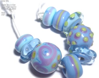 COLLECTION COOL Lampwork Bead Set Handmade - Periwinkle Blue Aqua Purple Green - Organic Design C79