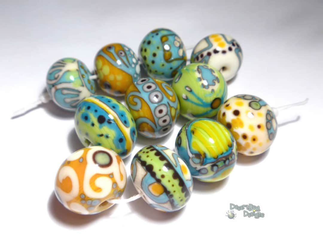 ABSTRACTION Handmade Lampwork Beads Ivory Turquoise Lime Squash