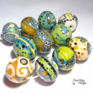 ABSTRACTION  Handmade Lampwork Beads - Ivory Turquoise Lime Squash Black - Art Nouveau ish -  11 Beads