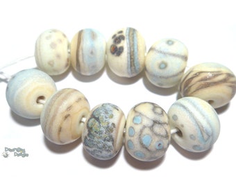 BOARDWALK Handmade Lampwork Beads - Cream Aqua Blue Sand Tan Silvered Ivory - Matte Ancient Look Beach Beads  -  10 Beads