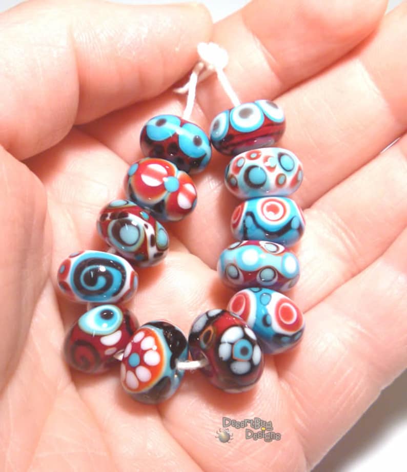 SANTA FE Handmade Lampwork Beads Red Turquoise Blue White Black Desert Bug Designs 12 Detailed Bright Beads