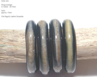 RINGS 49 Lampwork Ring Beads Handmade - Black Silvered Ivory   - Unusual fits Regaliz Set of 4