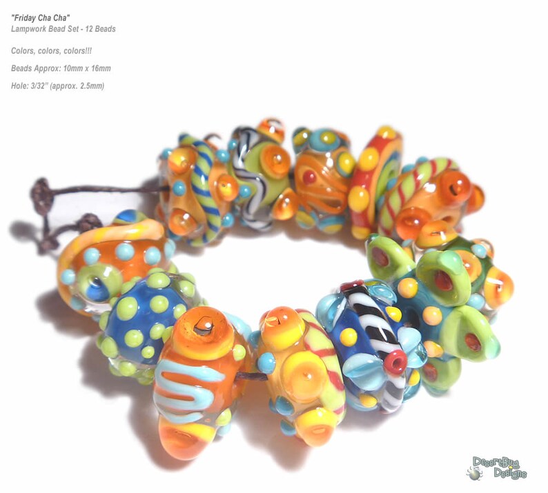 FRIDAY CHA CHA Lampwork Beads Handmade Bright color Mix Red Blue Green Yellow Orange Vibrant Set of 12