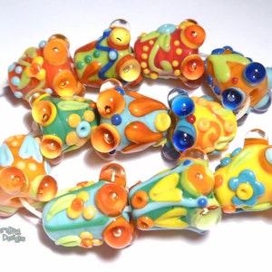 BELLETTES Lampwork Beads Handmade Bright COlors Red Yellow Green Orange Blue Bell Cone SHapes Set of 11