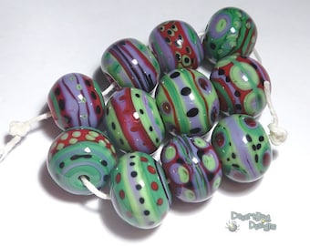 MANGROVE  Lampwork Beads Handmade - Teal Green Purple Red Black - STriking and  Bold  - Set of 11
