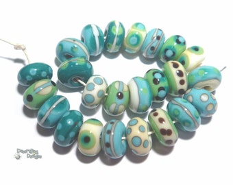TEMPEST Handmade Lampwork Beads -  Ivory Turquoise Green Black - Cool & Subtle  - Organic