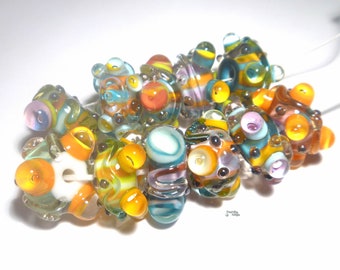 REEFSIDE Handmade Lampwork Bead Set in Purple Blue Turquoise Green Yellow Orange  Silver Set of 11