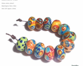 CRAZY COLORES Lampwork Beads Handmade Red Green Blue Yellow Bright Bold Colors  colors Set of 12