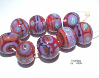 INCA TREK Lampwork Beads Handmade - Red Purple Coral Black  - Large Bold Statement Beads