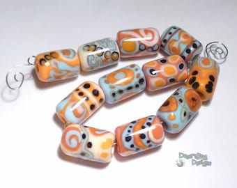 TAMALES Lampwork Beads Handmade Coral Aqua Blue Melon Black Ivory  Cylinder Set of 11