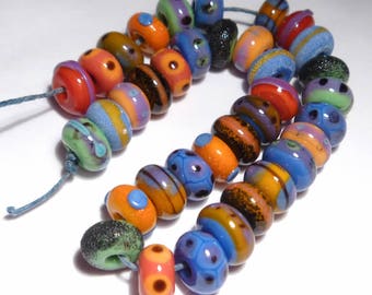 BOHO ROUNDS Lampwork Beads Handmade Colorful BRight Red Blue Green Yellow Set of 36