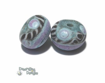 PAIRS 164 Lampwork Bead Pair Handmade  - Matte Soda Finish - Blue Purple Black -  Matched Coastal Beach beads  - Set of 2