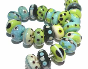 KATA Handmade Lampwork Beads - Cool  Colors Ivory Black Lime Green Blue Turquoise - Organic Rounds -