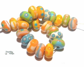 KEY WEST Lampwork Beads Mix of Ivory Orange Turquoise Coral Lime   Bright Colors - Organic Rounds -