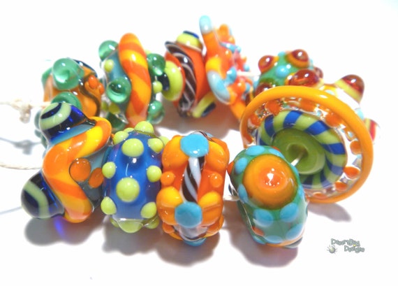 FRIDAY CHA CHA Lampwork Beads Handmade Bright color Mix Red Blue Green Yellow Orange Vibrant  Set of 12