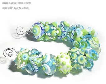 BLUES Lampwork Beads Set Handmade Set  of 12  - Blues Lime White - Beach Ocean  Cha Cha