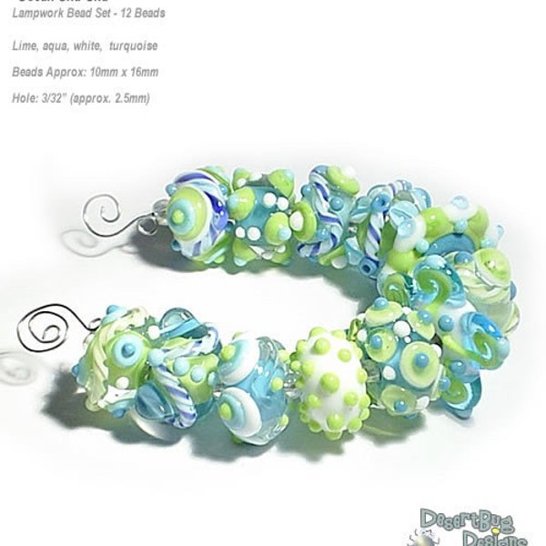 BLUES Lampwork Beads Set Handmade Set  of 12  - Blues Lime White - Beach Ocean  Cha Cha