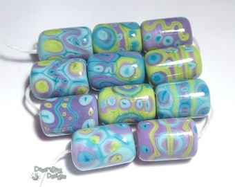 ALIEN DAZE Lampwork Beads Handmade Cylinder Barrel -  Turquoise Blue Purple Lime Green - Set of 11