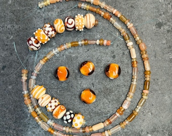 Bead Inspiration | Lampwork & gemstone beads • color coordinated • rondelle shape • auburn and cream colors • jewelry making supplies [B021]