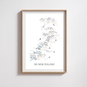 May include: A black and white line drawing of a ski map of New Zealand. The map shows the different ski areas and runs, with the names of each area labelled. The map is titled "Ski New Zealand".
