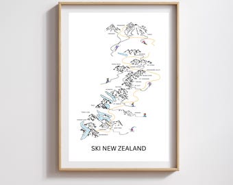 Ski New Zealand - Illustration / Ski Print / Travel Poster / Home Decor / Fine Art / Ski Fields of New Zealand / Summit Line Art