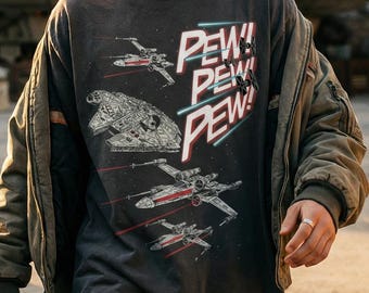 Vintage  Starship Battle Shirt, Pew Pew Pew Tee, Sci-Fi Spaceship Tee, Galaxy Edge Family Matching, Retro Star Wars Shirt