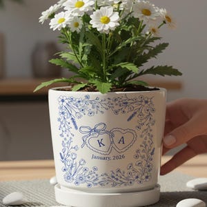 Custom Couple Initials and Date Heart Locket Ceramic Flowerpot, Blue Toile De Jouy Wedding Flower Pot, Anniversary Gift, Gift For Couple