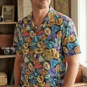 Walt Disney World Parks 1971 Button Up Badge Shirt, All Over Print Badge Hawaiian Shirt, Magic Kingdom Tee, Retro Disneybound Outfits